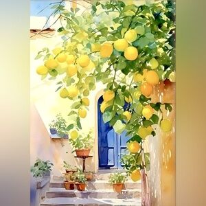 12x16 Mediterranean Italian Style Front Porch Lemon Tree Unframed Art Print New